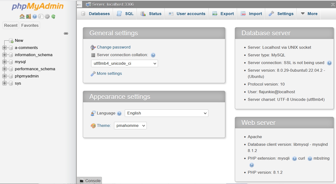 phpMyAdmin Window